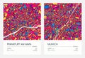 Color detailed road map, urban street plan city Frankfurt am Main and Munich with colorful neighborhoods and districts, Travel