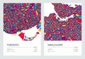 Color detailed road map, urban street plan city Toronto and Vancouver with colorful neighborhoods and districts, Travel vector