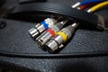 Color-differentiated audio cables on an amplifier Royalty Free Stock Photo