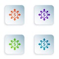 Color Dollar, share, network icon isolated on white background. Set colorful icons in square buttons. Vector