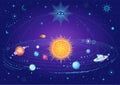 Color drawing: Animation solar system, sun, planets, cosmic symbols. Royalty Free Stock Photo