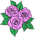 color drawing of a bouquet of three pink roses with a black outline on a white background