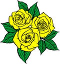 color drawing of a bouquet of three yellow roses with a black outline on a white background