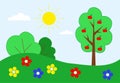 Color drawing for children. Nature. Apple tree, sun, bushes. Vector Royalty Free Stock Photo