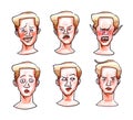 Color drawing by hand of emotions blond guy awkwardness anger surprise indifference isolated on white background faces Royalty Free Stock Photo
