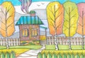 Color drawing, picturesque autumnal landscape with country house and trees.