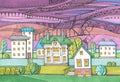 Color drawing, picturesque landscape with town under purple sky. Royalty Free Stock Photo