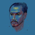 Color drawing of unidentified of asian man portrait on blue