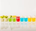 Color drinks in shot glass, blue, green, red, yellow and creamy Royalty Free Stock Photo