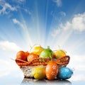 Color easter eggs in basket against blue sky and clouds