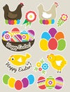 Color Easter stickers with eggs, hen, nest and chicken. Holiday Easter Eggs decorated with flowers and leafs. Print design, label Royalty Free Stock Photo