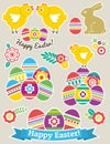 Color Easter stickers with eggs, rabbit and chicken. Holiday Easter Eggs decorated with flowers. Print design, label, sticker,