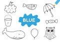 Color the elements in blue. Coloring page for kids. Educational material