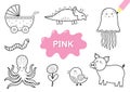 Color the elements in pink. Coloring page for kids. Educational material for school
