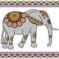 Color elephant with border elements in ethnic mehndi style. Vector black and white illustration isolated.