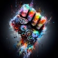 a color explosion of paint render a steampunk geared poly fist as fight for your rights concept