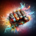 a color explosion of paint render a steampunk geared poly fist as fight for your rights concept