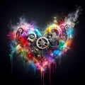 a color explosion of paint render a steampunk geared poly transparent heart - love concept