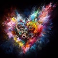 a color explosion of paint render a steampunk geared poly transparent heart - love concept