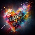 a color explosion of paint render a steampunk geared poly transparent heart - love concept