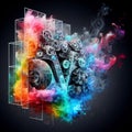 a color explosion of paint render a steampunk geared poly transparent love sculpture concept