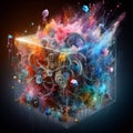 a color explosion of paint render a steampunk geared poly transparent love sculpture concept