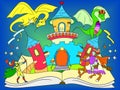 Color fairy open book tale concept kids illustration with evil dragon, brave warrior and magic castle.