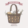 Color farmers market label with egg basket.