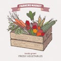 Color farmers market label with vegetables in wooden crate.
