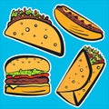 Color fast food with black outline stickers set