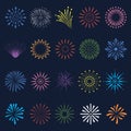 Color festival fireworks elements. Holiday colorful sparkler, firework exploding celebration set. Christmas and new year