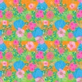 Color Festival -Flowers in Bloom seamless repeat pattern in pink,orange,yellow, green and blue Royalty Free Stock Photo