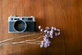Color film camera with with purple dry flowers on the wooden table - Top view with copy space.