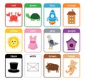 Color flashcards collection with cute animals. Color names and pictures set for preschool Royalty Free Stock Photo