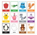 Color flashcards collection with cute animals. Color names and pictures set for preschool Royalty Free Stock Photo