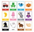 Color flashcards set with cute animals. Color names and pictures collection for preschool Royalty Free Stock Photo