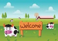 Color flat farm of cows stand in green field with welcome wooden board