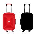 Color flat image and black silhouette of a travel suitcase. Vector illustration.