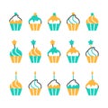 Color flat line cupcakes set on white background.