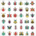 Color flat line insects icons set. Butterfly, bugs collection. Royalty Free Stock Photo
