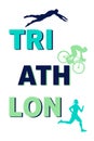 Color flat logo triathlon. Vector figures triathletes on a white background. Swimming, cycling and running symbol. Royalty Free Stock Photo