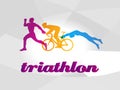 Color flat logo triathlon. Vector figures triathletes