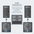 Color flat style loudspeakers on subwoofer and amplifiers illustration