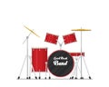 Color flat style vector drum set on white background bass tom-tom ride cymbal crash hi-hat snare stands