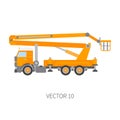 Color flat vector icon construction machinery truck auto crane. Industrial style. Corporate cargo delivery. Lift