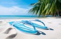 color flip-flops on white beach sand over blue transparent ocean Royalty Free Stock Photo