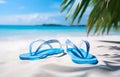 color flip-flops on white beach sand over blue transparent ocean Royalty Free Stock Photo