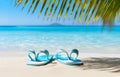 color flip-flops on white beach sand over blue transparent ocean Royalty Free Stock Photo