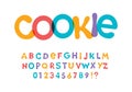 Color font for bright packaging design for cookies, snacks and sweets. Children font for kids holidays and toys. Vector