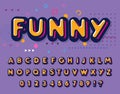 Color font. Funny letters and numbers set. Playful style alphabet. Retro ABC for party, disco, school and fun